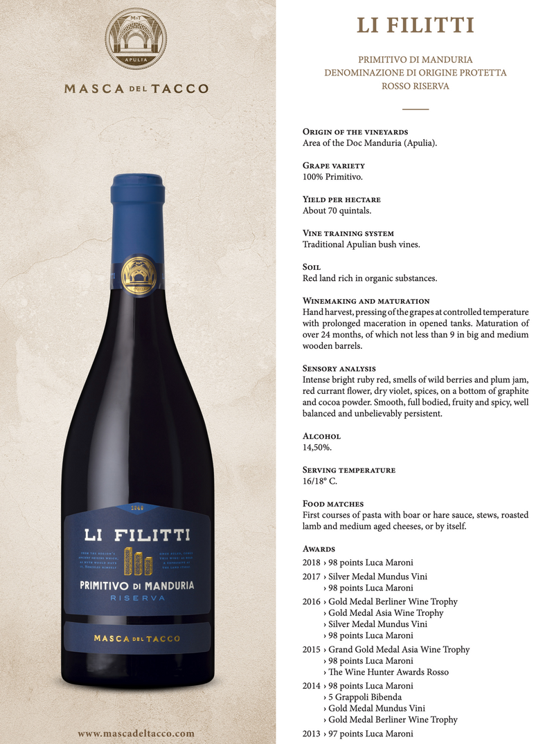 PRIMITIVO Li Filitti 2018 [Masca Del Tacco] 75cl - Once Upon A Vine