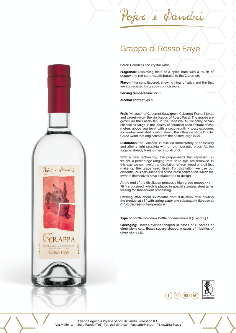GRAPPA Rosso Faye [Pojer & Sandri] 50cl - Once Upon A Vine